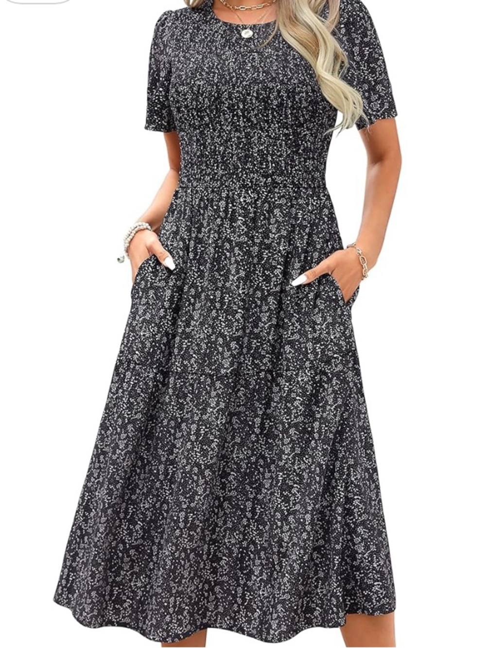 Women’s Ellakoko Black Floral Midi Summer Dress with Pockets